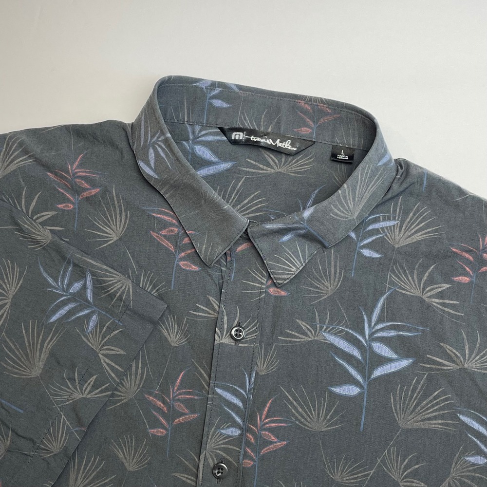 Travis Mathew Button Down Shirt Mens Large Grey Tropical Palm Leaf Short Sleeve